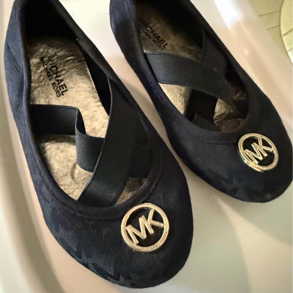 Michael Kors Black Ballet Flats with Gold MK Emblems